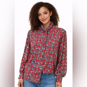 Vintage 90s Chaus Petites Blouse Red Paisley Print Button Front Secretary